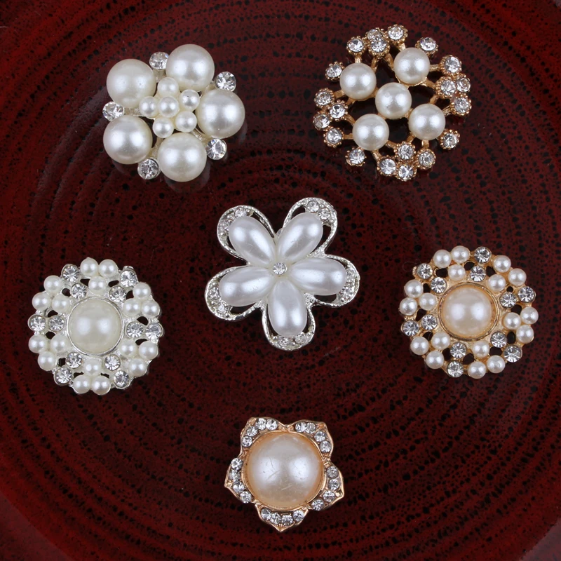 120PCS Hot Fix Vintage Round Metal Rhinestone Buttons Bling Flatback Flower Centre Crystal Pearl Buttons for Hair accessories