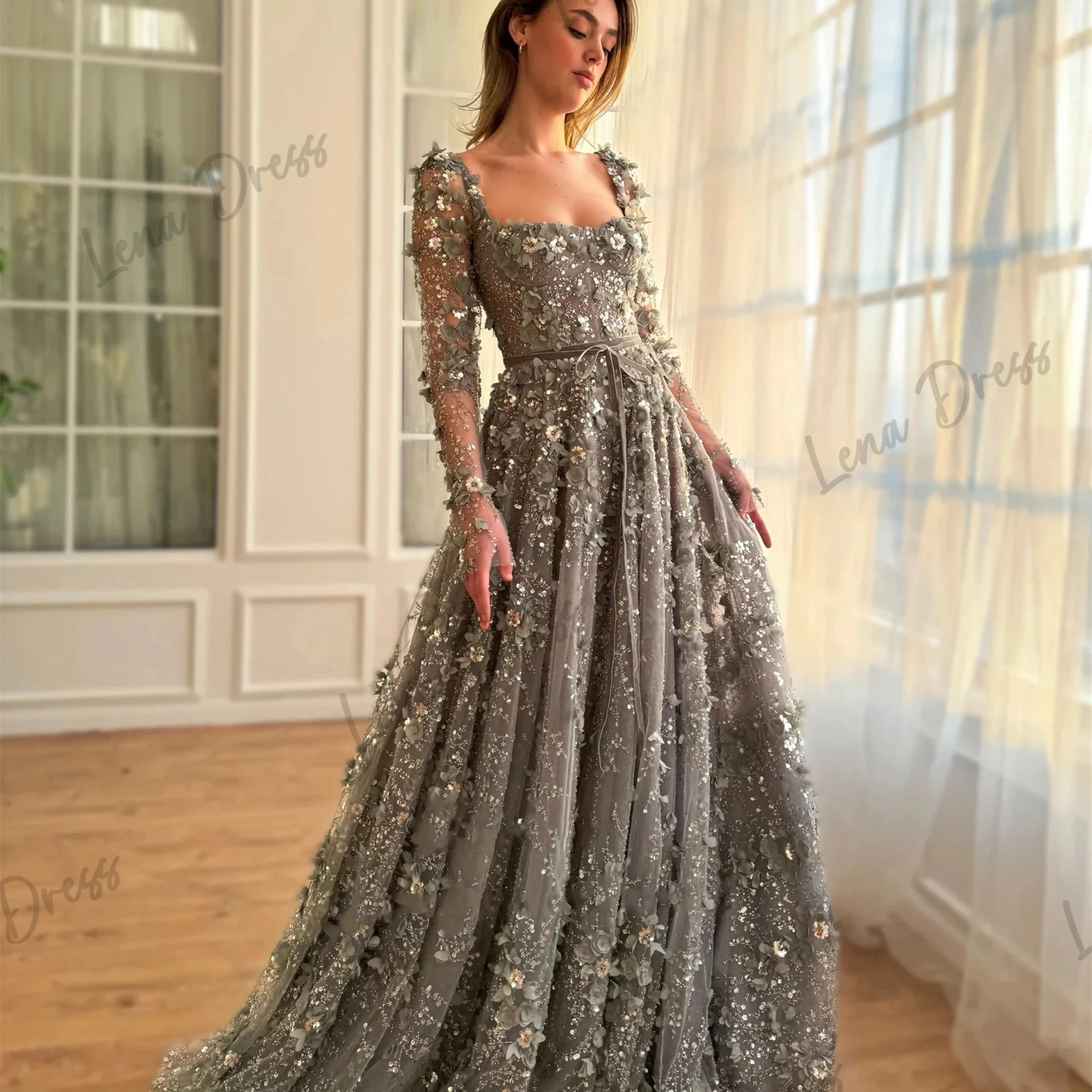 Lena Floral Lace Formal Occasion Dresses for Formal Occasions Grey Luxurious Evening Dresses 2024 Luxury Long Sleeves Line A