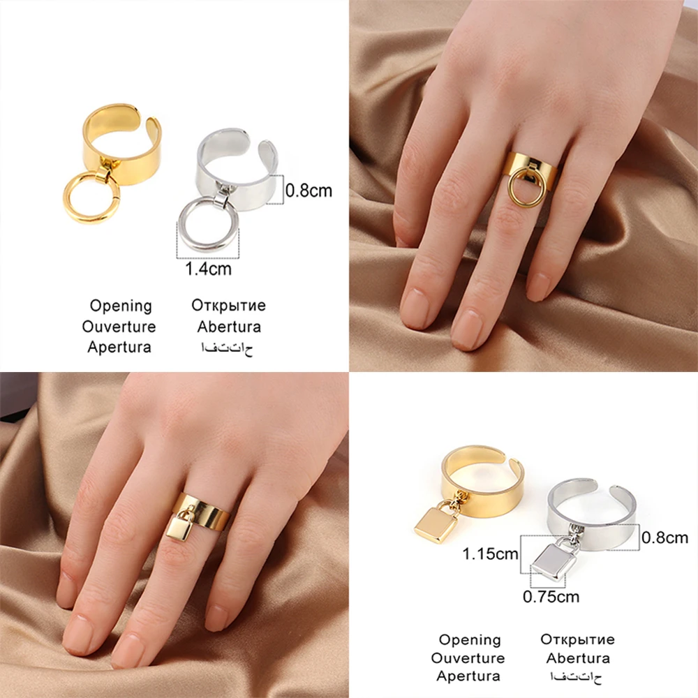 Stainless Steel Rings Women Gold Color Wide Ring with Circle Punk Round Geometric Open Finger Chain Rings Wholesale Jewelry