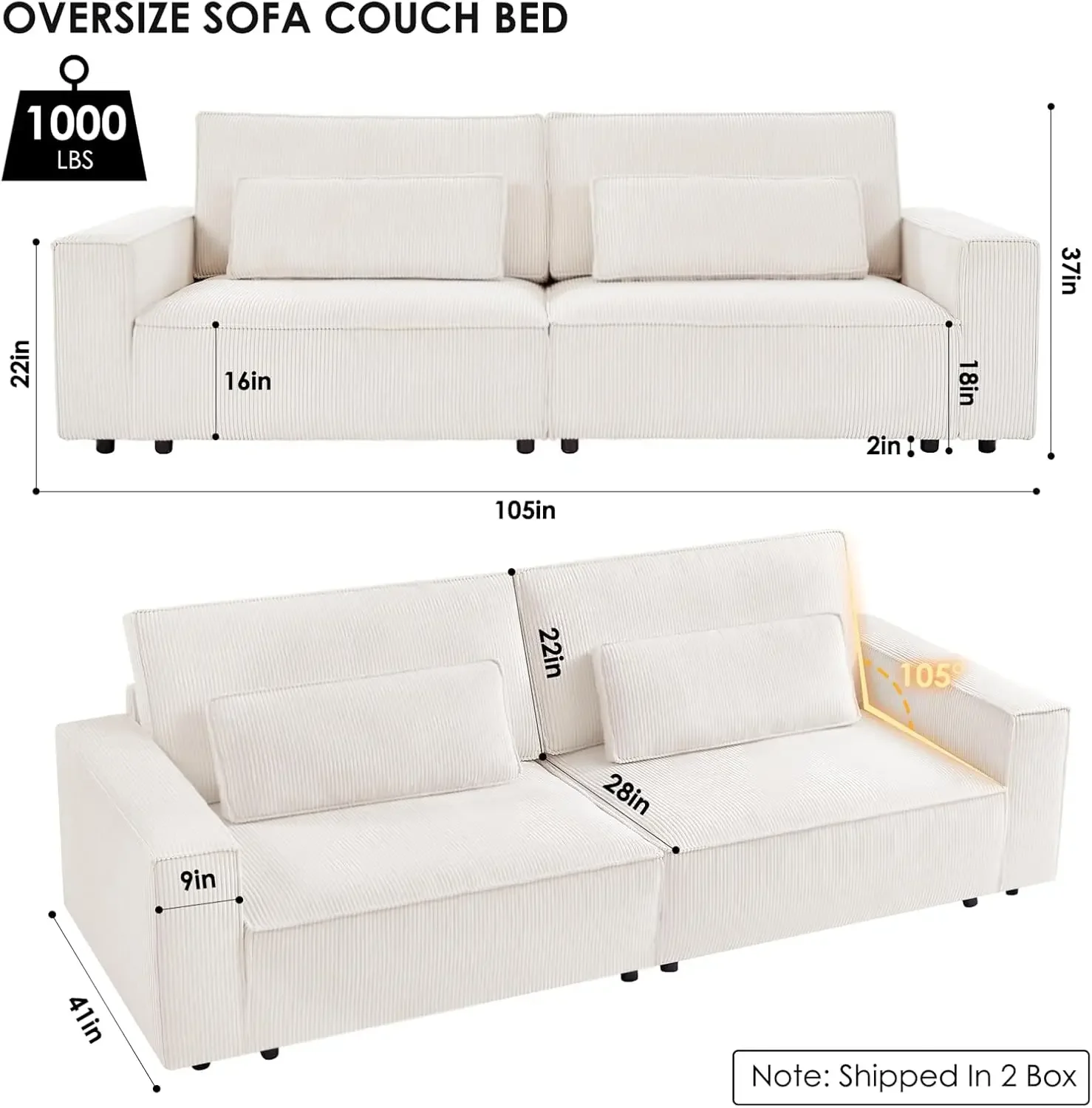 Oversized Sofa Cloud Couch with Extra Deep Seat & Fluffy Cushion Comfy White Couches for Living Room/Office/Bedroom