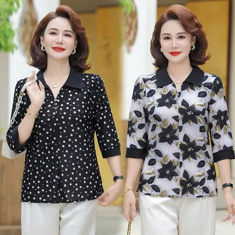 Estate nuova camicetta da donna di mezza età moda casual madre maniche a tre quarti camicia stampa cardigan Blusa Feminina top