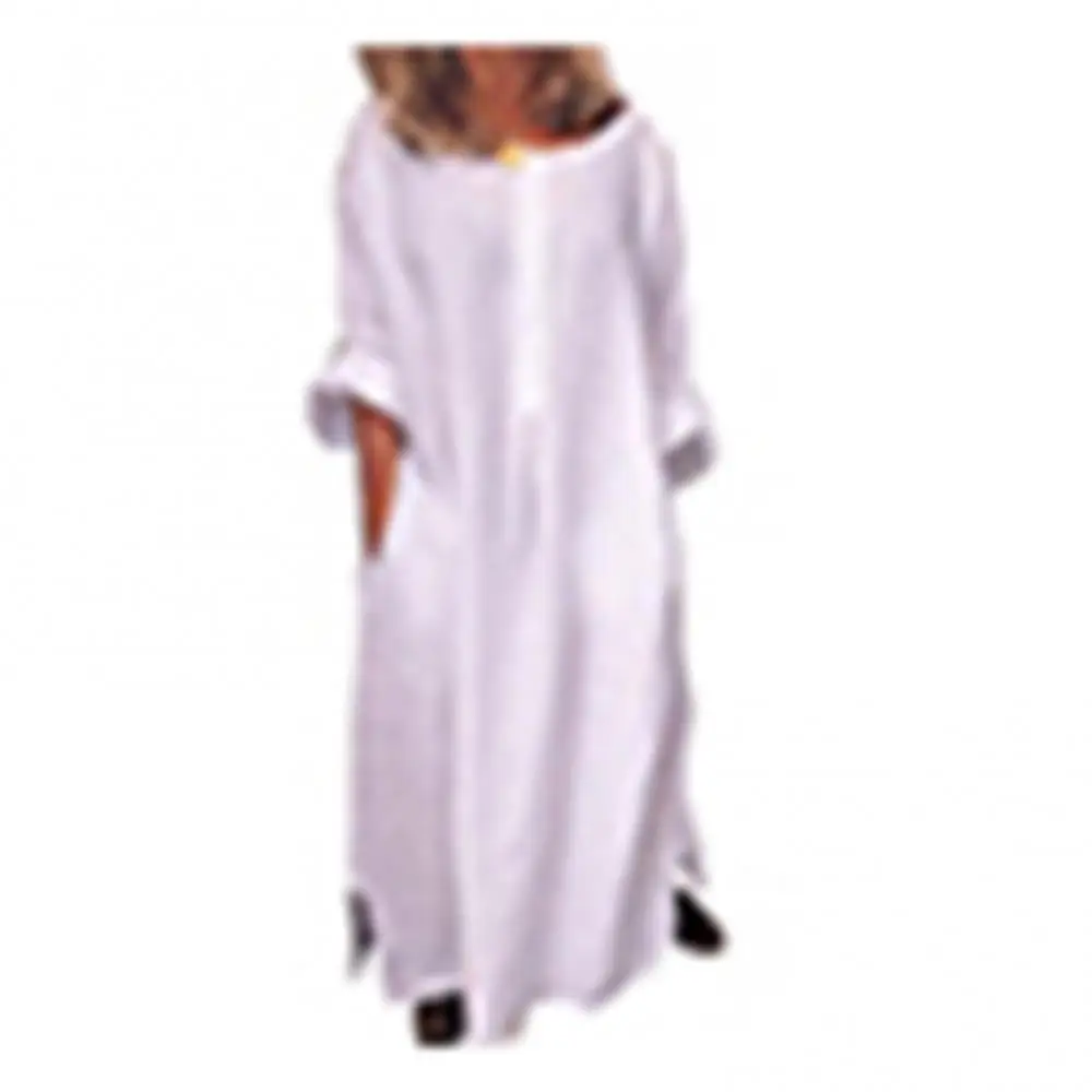 Hot Sales!!! Casual Women Solid Color Oversize Maxi Cotton Linen Long Shirt Kaftan Dress