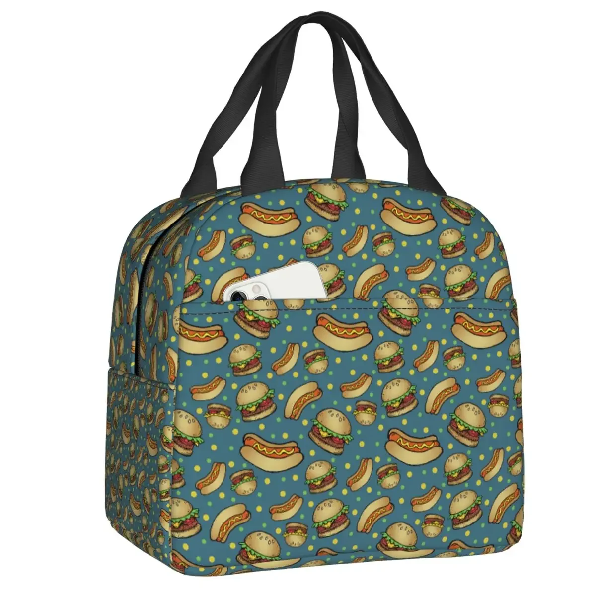 Burgers Hotdogs Party Pattern Insulated Lunch Bags for Work School Portable Cooler Thermal Lunch Box Women Children