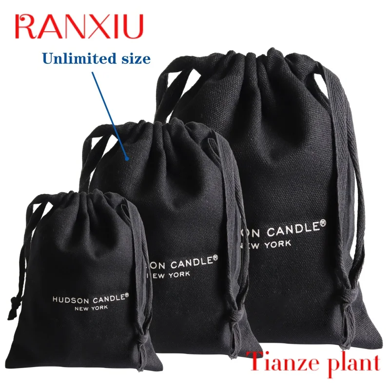 Custom High quality medium black cotton canvas dust bag with white printing logo for cap shoe hats packaging storage drawstring 