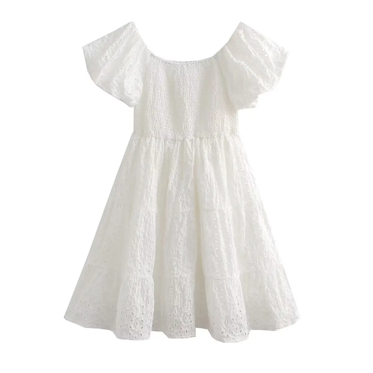 TEELYNN-Mini vestidos femininos bordados florais de renda, ombro fora, manga folhada, peito shirred, vestido curto, praia boho, branco, verão