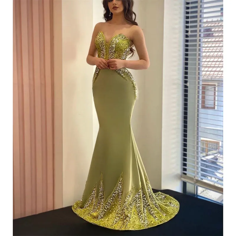 

Luxury Green Mermaid Prom Dresses Sleeveless V Neck Appliques Sequins Beaded Floor Length Evening Dress Bridal Gowns Custom Made