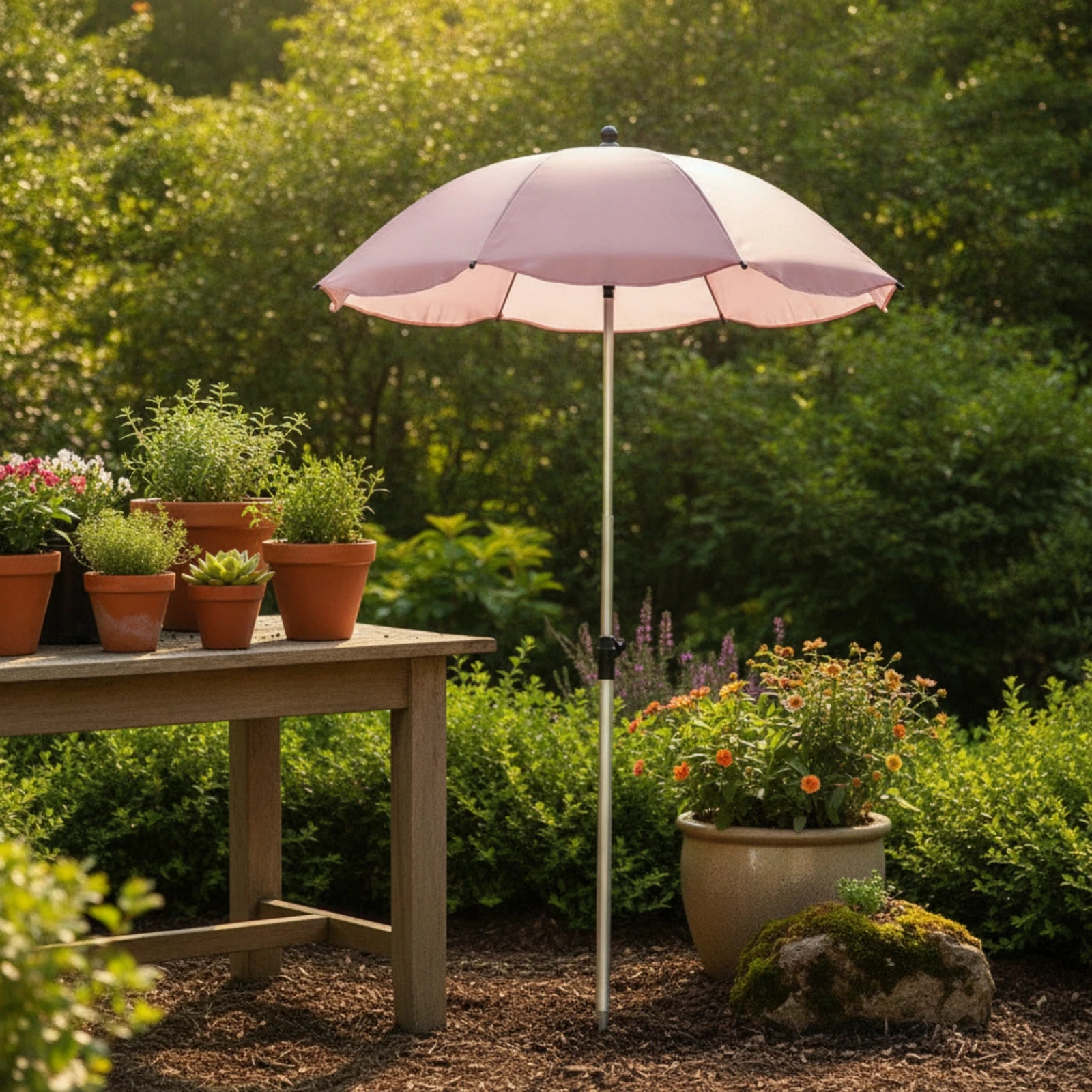 Umbrella with Ground Spike Adjustable Height Telescopic Umbrella Sunshade Portable Compact for Gardeners, Garden Beds