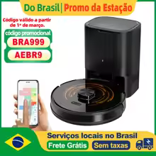 Aspirador robô preto com estação de recarga