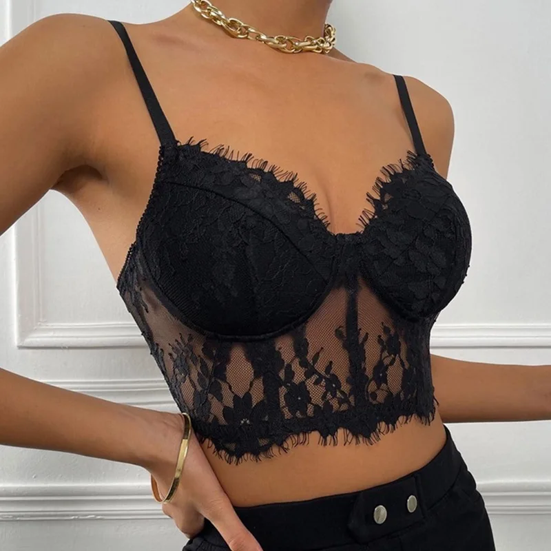 Summer Sexy Black Lace Halter Bustier Sleeveless Slim Lingerie Corset Top Zip Back Camisole going out tops for Women Streetwear