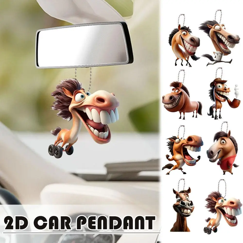 Cute 2D Flat Big Mouth Horse Acrylic Pendant Car Key Ring Cartoon Auto Rearview Mirror Hanging Backpack Decoration Gifts