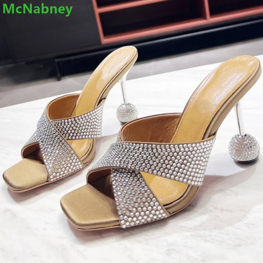 2024 New Rhinestone Square Toe Slippers Strange Heel Sandals Luxury Designer Solid Outside Fashion Slides Summer Shoes For Women