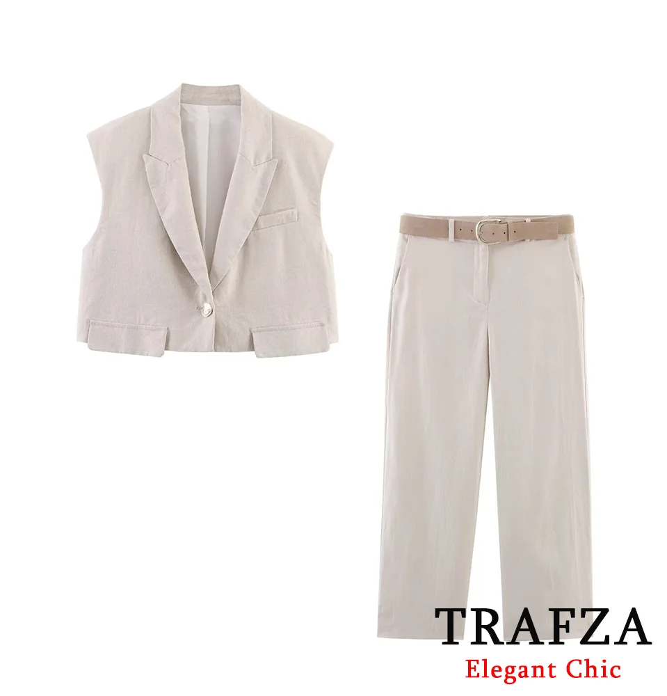 

TRAFZA Women Elegant Pants Set Single-Button Lapel Vest Or Belted Wide Leg Pants 2025 Summer Fashion Simple Commuter Mujer Suit