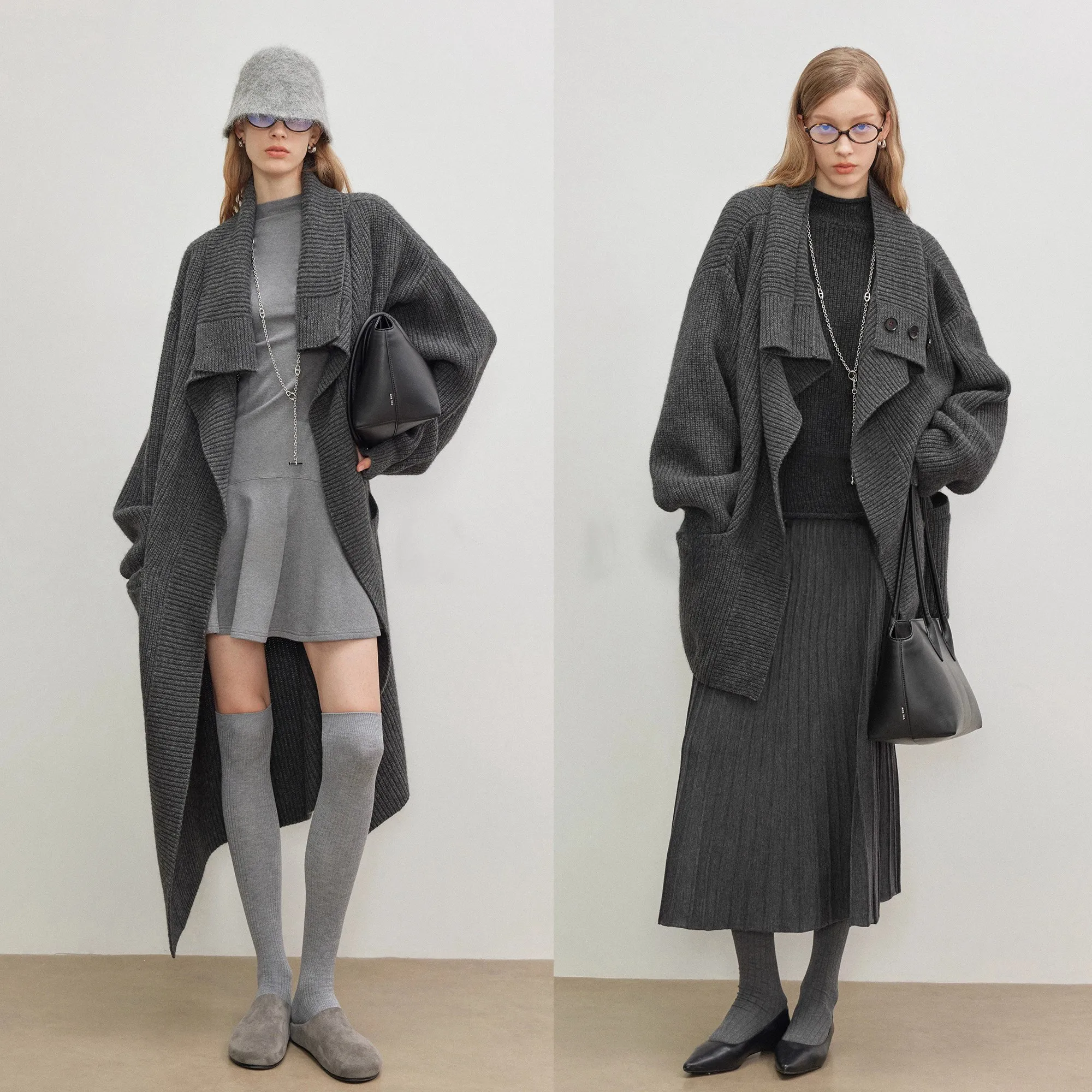 Strong Push Casual Lazy Atmosphere 100% Pure Wool Warm Jane Old Money Loose Knitted Medium and Long Cardigan WOMEN