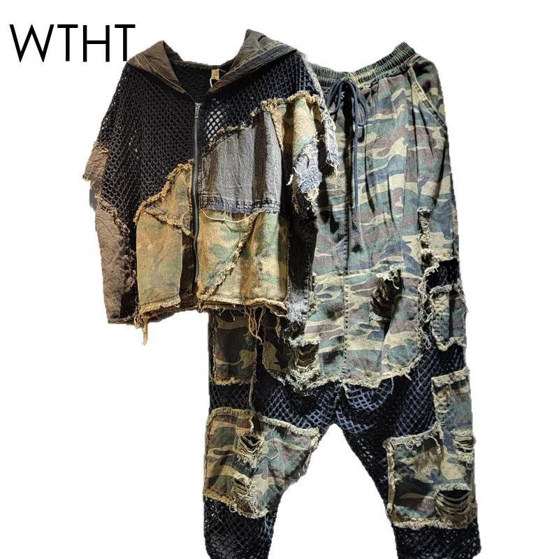 

WTHT Trendy New Women's Camouflage Patchwork Mesh Hooded Vest Elastic Waist Loose Harem Jeans Female 2025 Summer 1LS2034