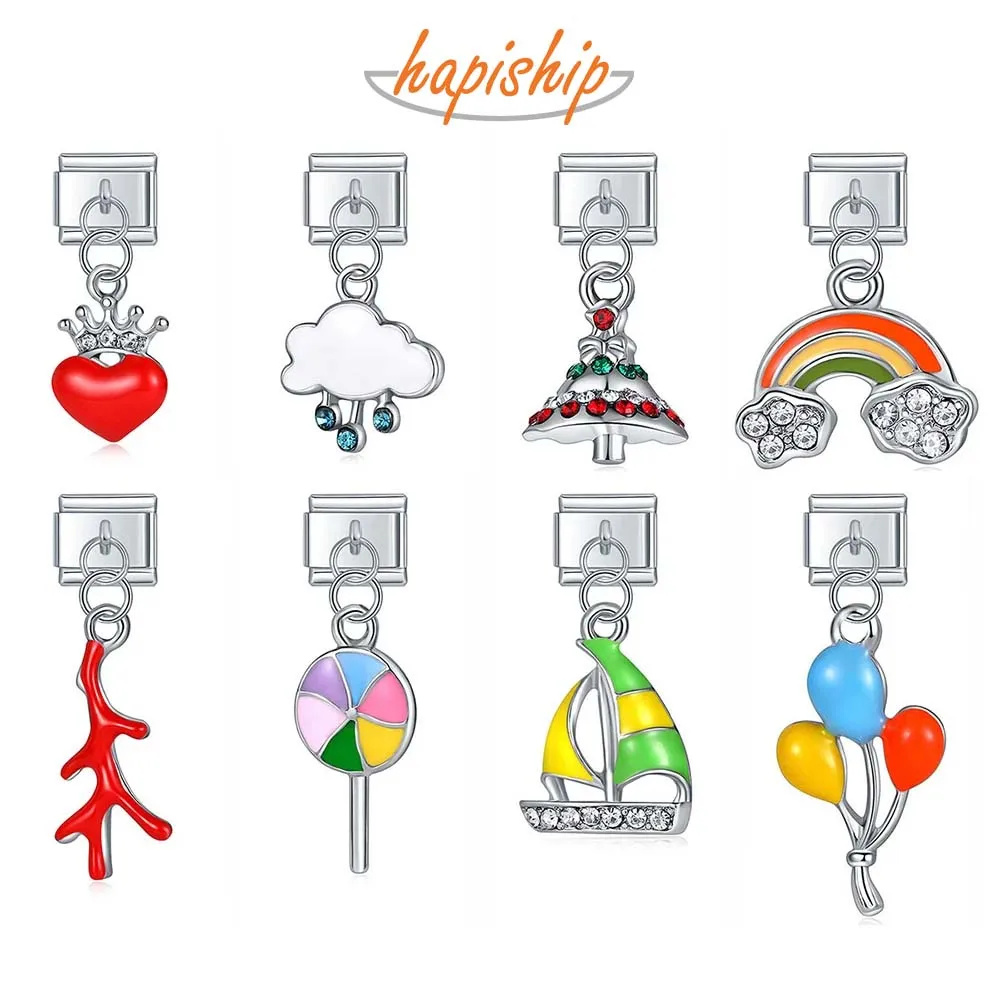 Hapiship Coral Sailboat Rainbow Lollipop Love Heart Italian Links Charm Fit 9mm Stainless Steel Bracelet Jewelry Making DJ300