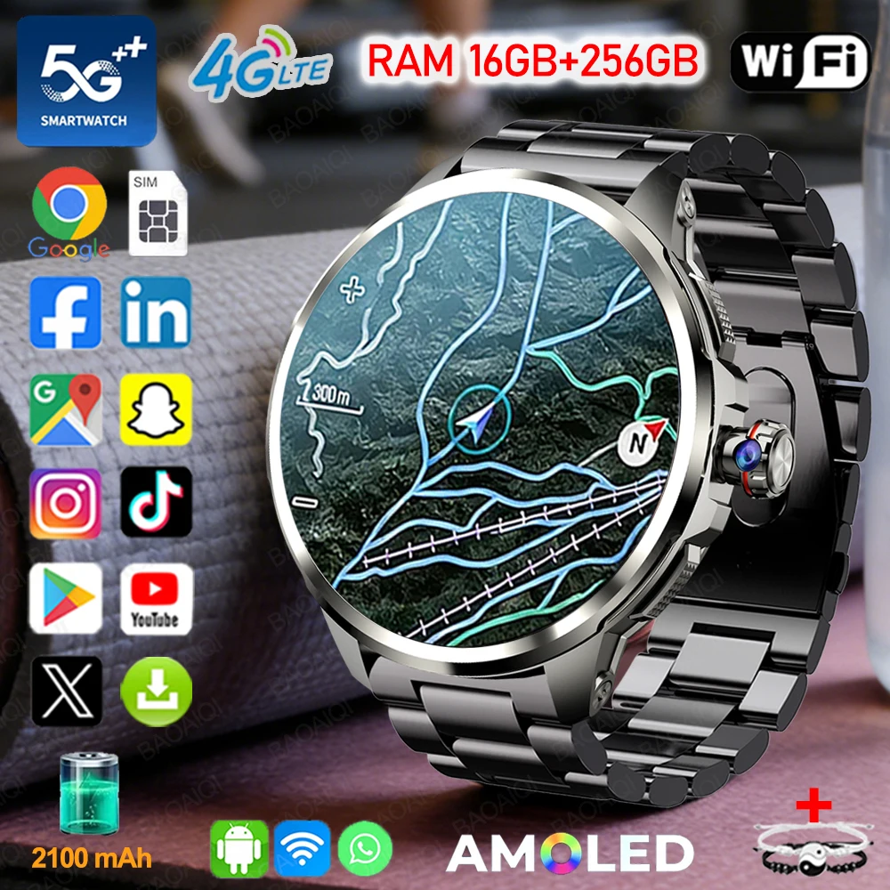 Смарт-часы 5G/4G Full Netcom AI с AMOLED-экраном 1,95 дюйма 720*720, аккумулятором 2100 мАч, камерой 900 Мп, поддержкой звонков, 16 ГБ+256 ГБ памяти, Wi-Fi, Google APP, GPS