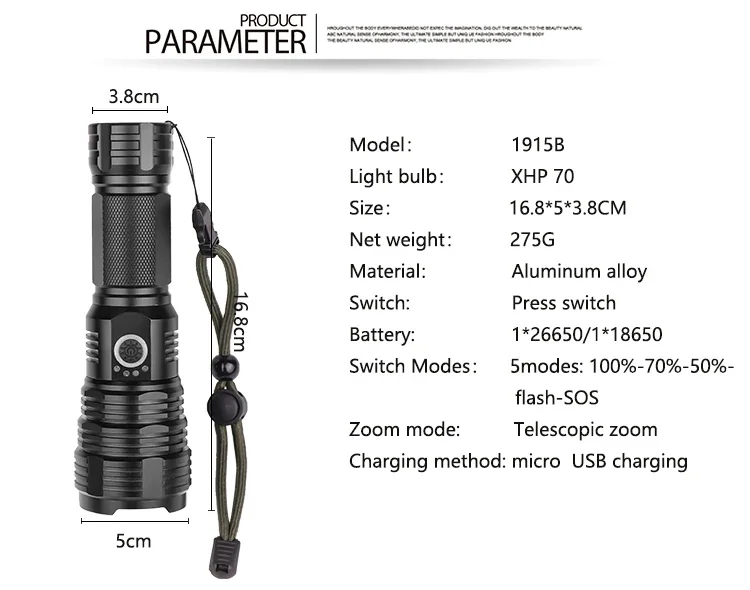 High Power P160 LED Flashlight Pocketman Tactical Torch Waterproof Torch USB Rechargeable Flashlights Use 18650 Battery