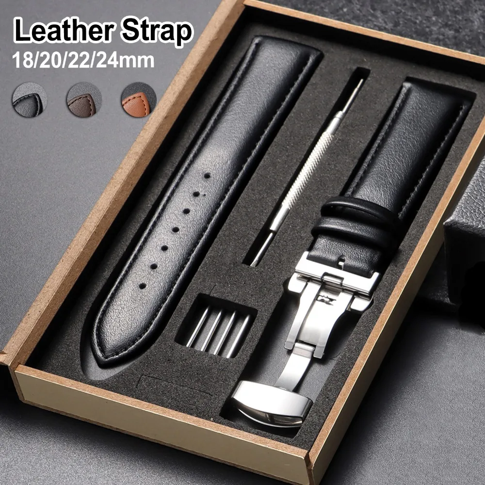 

14mm 16mm 18mm 20mm 22mm 24mm Leather Strap Watchband with Box Business Butterfly Clasp Universal Brown Black Wrist Band
