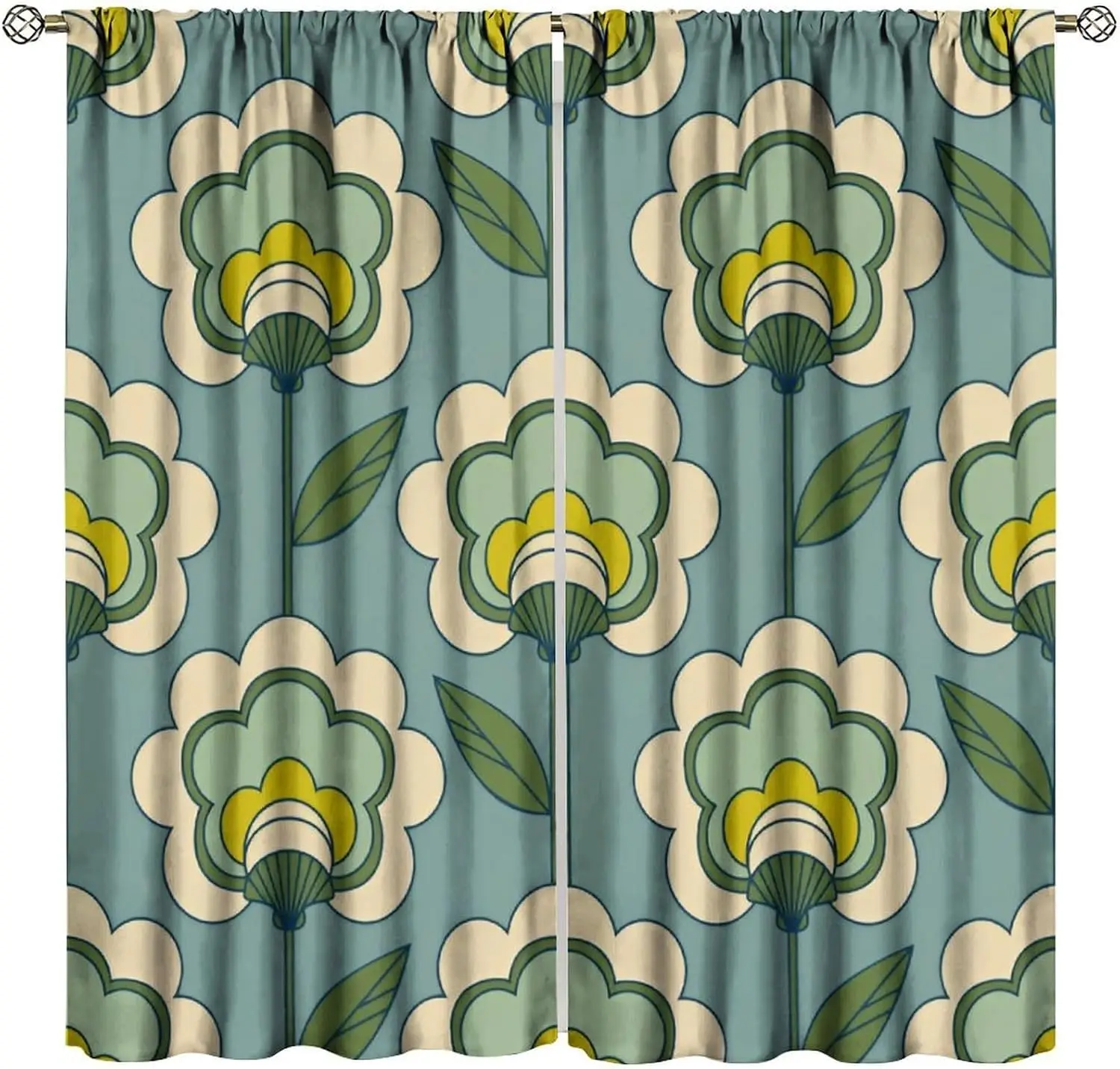 Green Abstract Flower Curtains,Vintage 70s Boho Floral Print Funky Hippie Modern Style Window Treatments Drapes for Bedroom