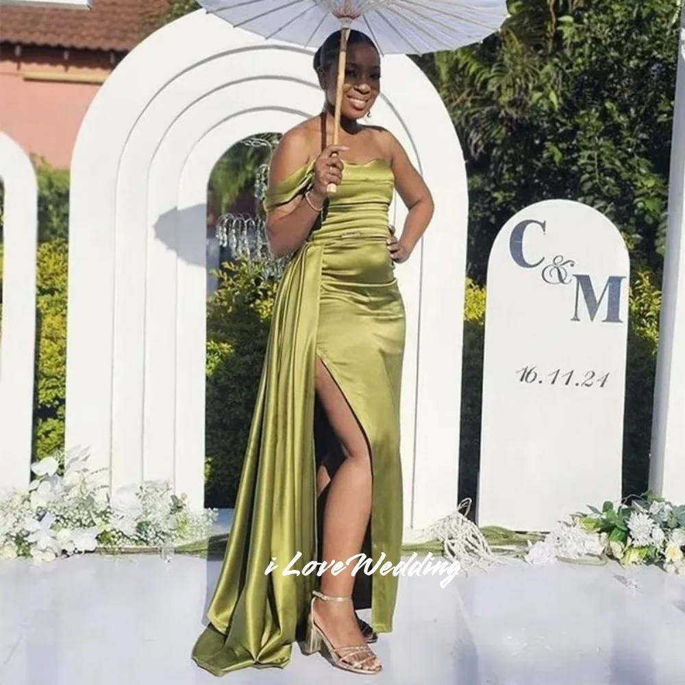 Green One Shoulder Bridesmaid Dress 2025 Satin Mermaid Pleat Side Split Ankle-Length Sweep Train Wedding Party Dress Customized