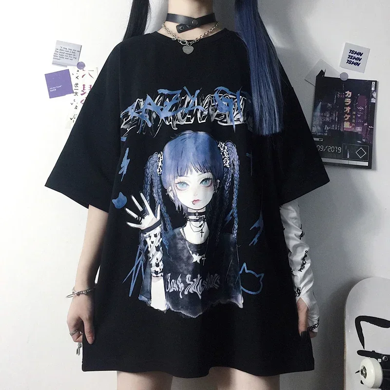 Camiseta punk solta feminina, roupa Harajuku, blusa de streetwear, grunge escuro, feminina, camiseta gótica, punk, gótica, feminina, Y2K, verão