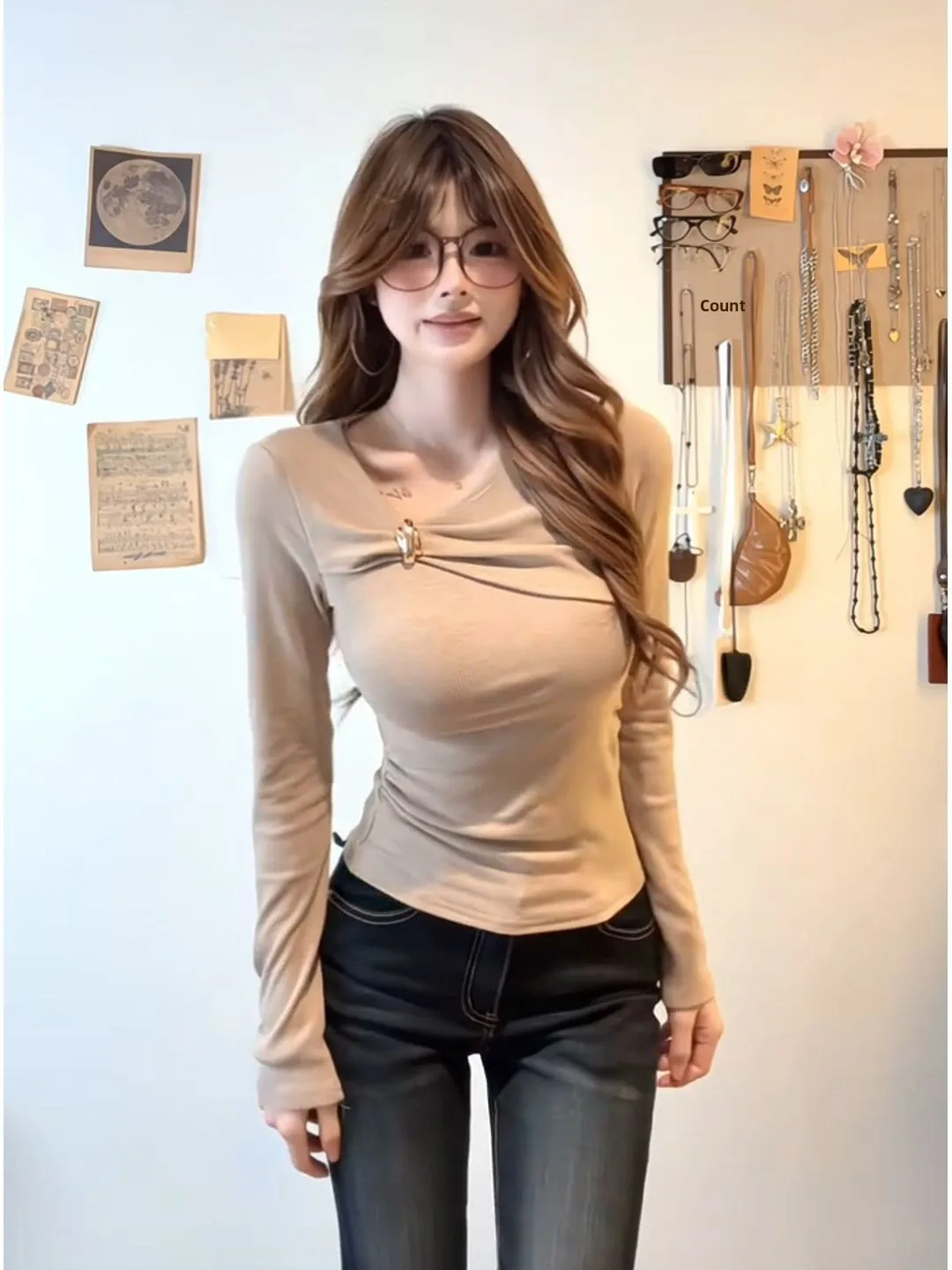 

American Style Long Sleeve Knot T-Shirt Women's Slim Fit Base Shirt Spring New Design Sensation Top V-neck High Waist