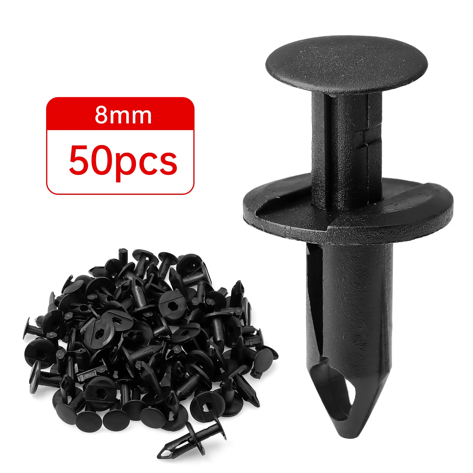 50 SZT. 8mm Klipsy Mocujące do Samochodu Zestaw Plastikowych Złączek Samochodowych Klipsy do Paneli Tapicerki Czarne Zestawy Nitów do Karoserii Samochodowej Zamienniki Kołków Zatrzaskowych — zdjęcie 3