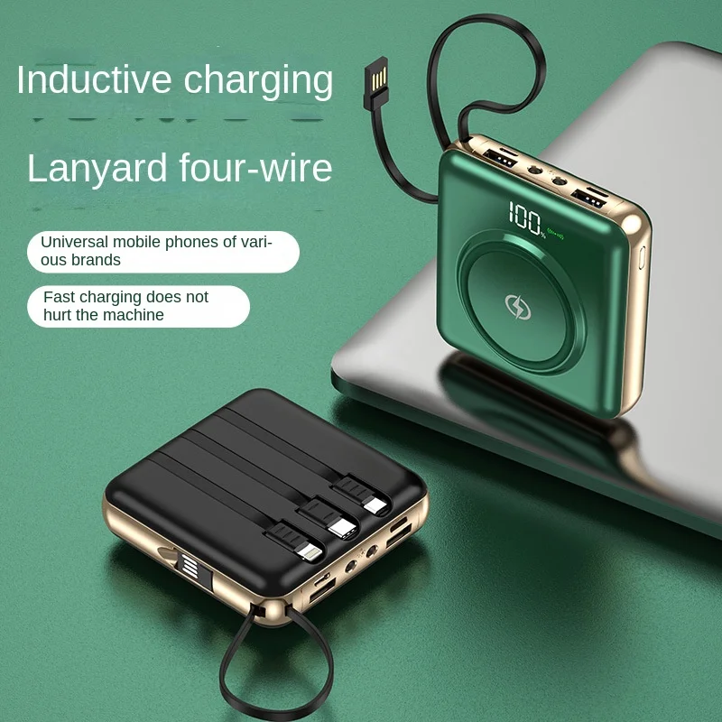 

Powerbank 20000mAh Wireless Charging Mobile Power Two-way Fast Charging Flashlight Lanyard Four-wire Large-capacity Battery Lamp