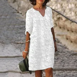 Women Sexy Dress White Hollow Lace Dress Short Sleeve Loose Midi Dresses 2025 Summer Casual Women's Casual Dress Vestidos Robe