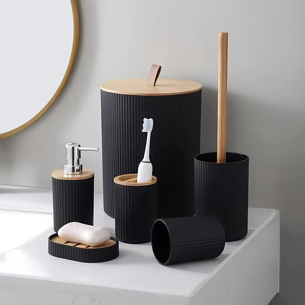 Bathroom 6 Pcs Accessory Set With Trash Can Toothbrush Holder Lotion Soap Dispenser Soap Dish Toilet Brush  Tools