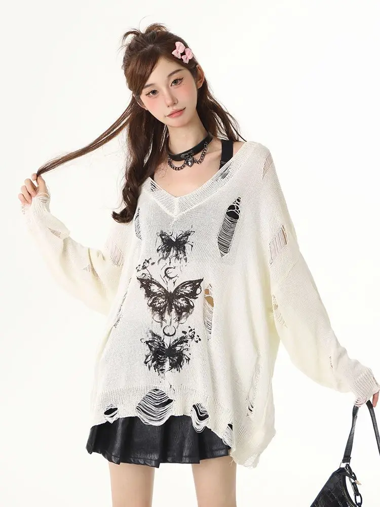 QWEEK Y2k Coquette Butterfly Print Sweater Gothic Goth Grunge Harajuku Hollow Out Knitted Knit Pullovers Balck Punk 2024 Autumn