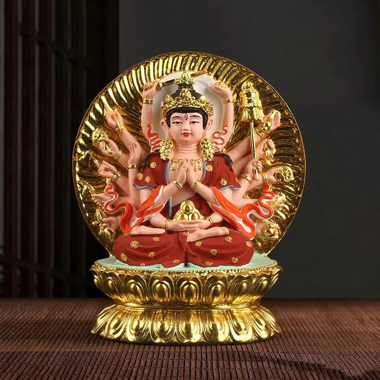 

Hand Painted Cundi Bodhisattva Statue Portable Resin Buddha Figurine for Auspicious Peace Home Altar Travel Blessing Decor