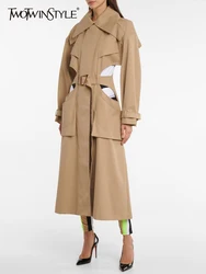 TWOTWINSTYLE-gabardina ahuecada Irregular para mujer, abrigo de manga larga con solapa y cinturón, ropa de otoño