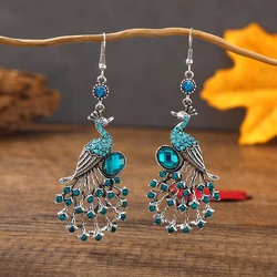 Vintage Ethnic Colroful Rhinestone Peacock Dangle Earrings For Women Long Classic Silver Color Animal Earrings Female Jewelry