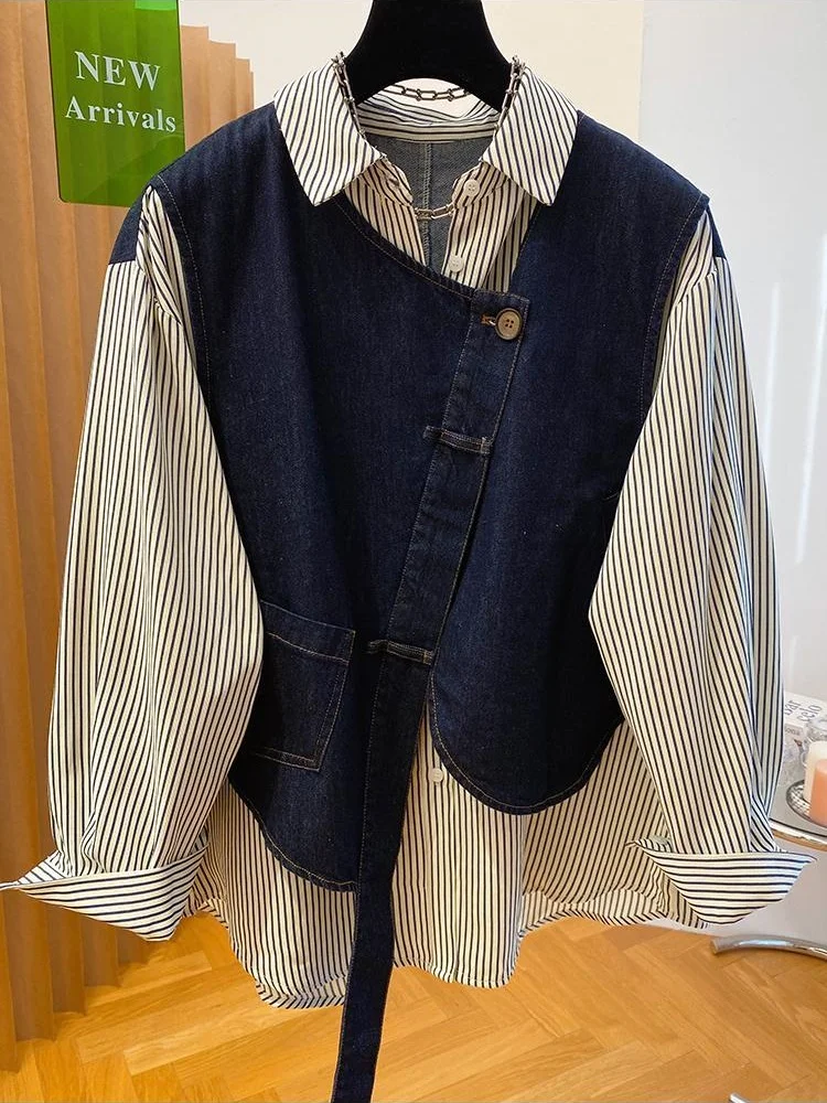 

Комплект из двух предметов: полосатая рубашка в европейском и американском стиле и джинсовый свободный жилет SuperAen, весна-осень 2026, новинка