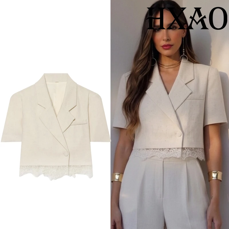 HXAO Kurze Jacke Spitzen-Blazer Damen Bürokleidung Kurzarm-Blazer Damen Sommer Knopfleiste Lässiger Pendler-Blazer Damenanzug