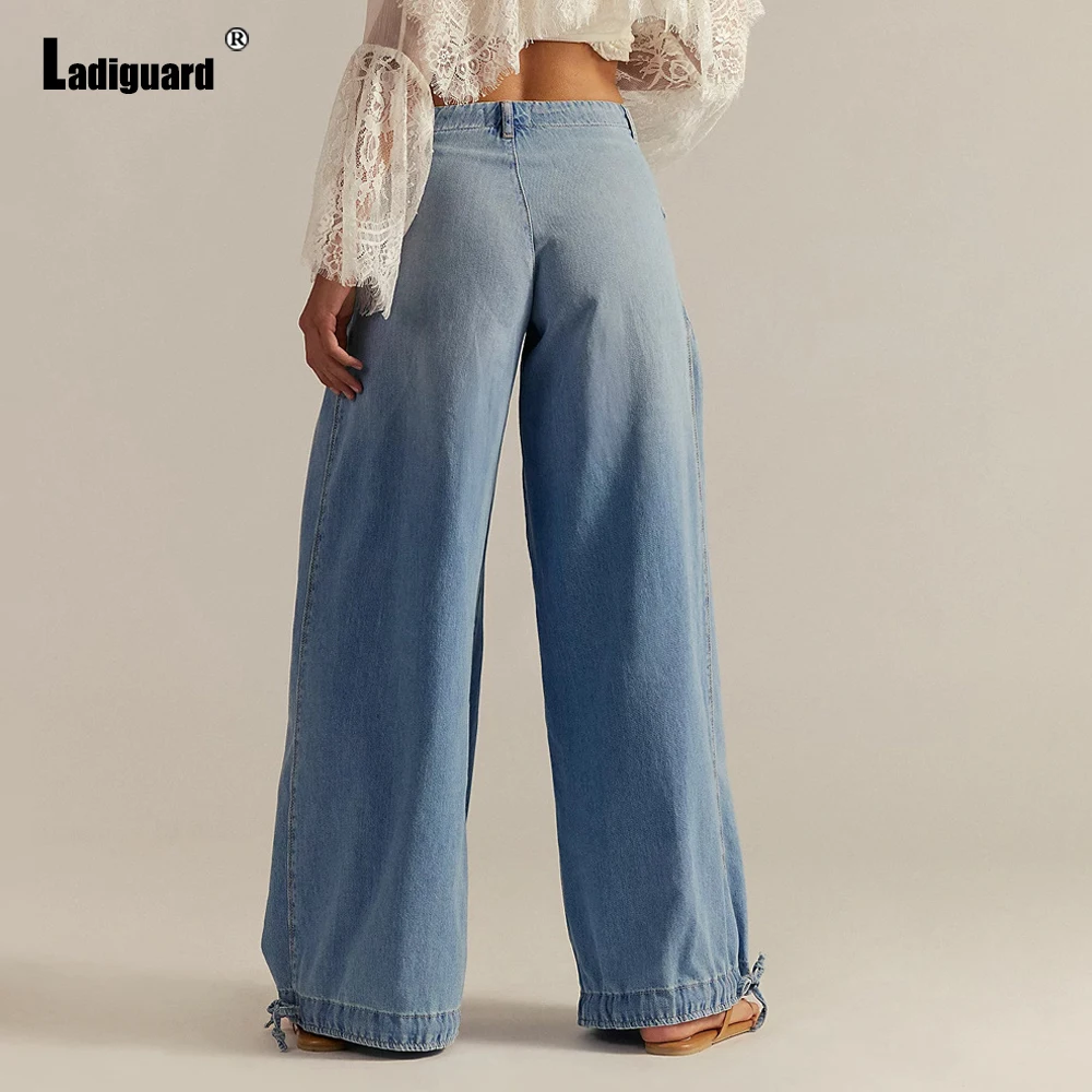 Dames Stand Pocket Casual Bloeiers Denim Broek Sexy Patchwork Jeans Broek 2025, Europese Mode Losse Harem Denim Broek Nieuw