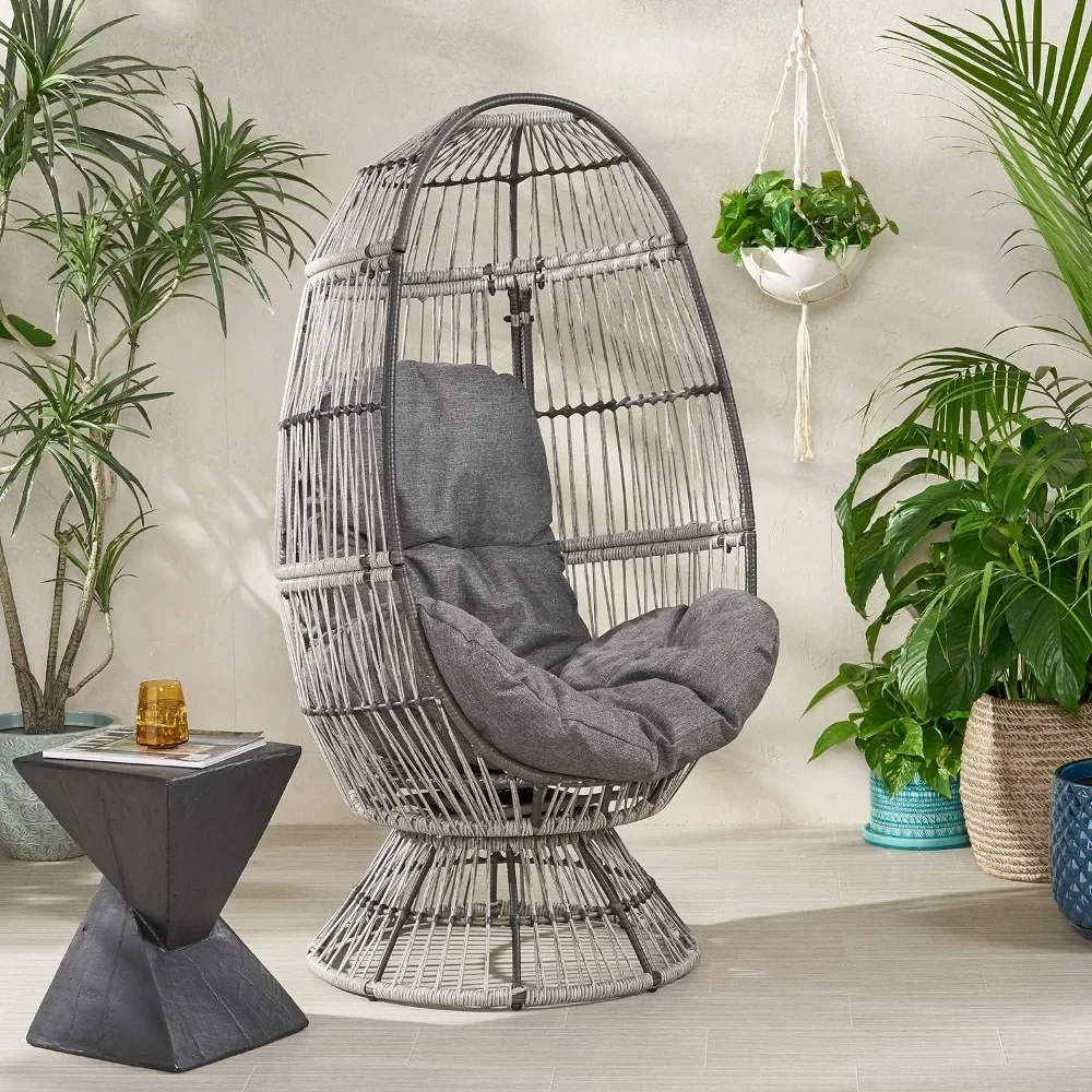 Garden chair,  outdoor wicker rotating egg chair with soft cushion, gray, dark gray, gray brown, garden chair