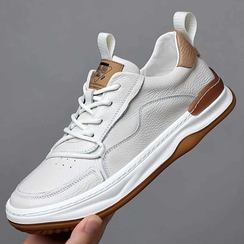 

Mens Beige Genuine Leather Casual Sneakers Lace Up Comfortable Low Top Shoes With Brown Accent For Business Daily Street Style