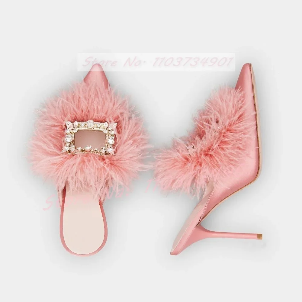 Crystals Pink Satin Outdoor Furry Slippers Female Elegant Pointy Toe Thin Heels Mules Women Party Sexy Casual Fashion Slippers