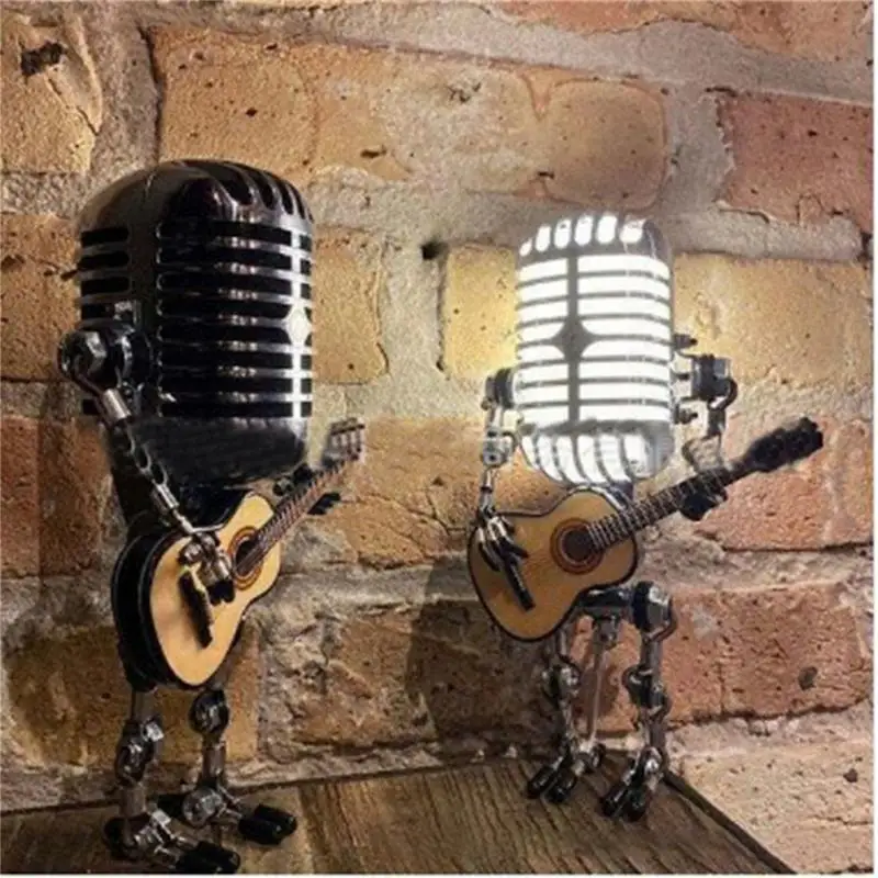 Creative Night Lights Desk Lamp Handmade Vintage Microphone Guitar Robot Table Lamp LED Bulbs Wall Lamp Home Desktop Decoration