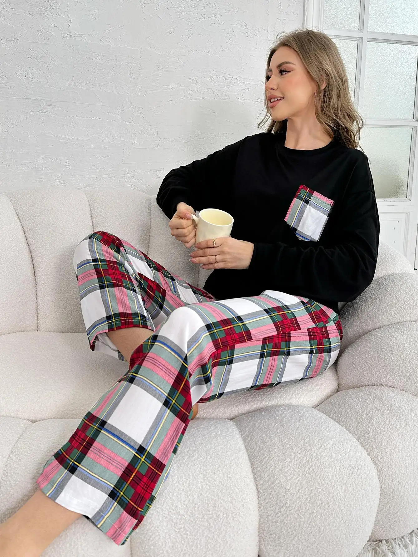 Women Pajama Set Long Sleeves O Neck Top & Plaid Drawstring Full-Length Pants Fall Winter Spring Female Sleepwear Nightwear