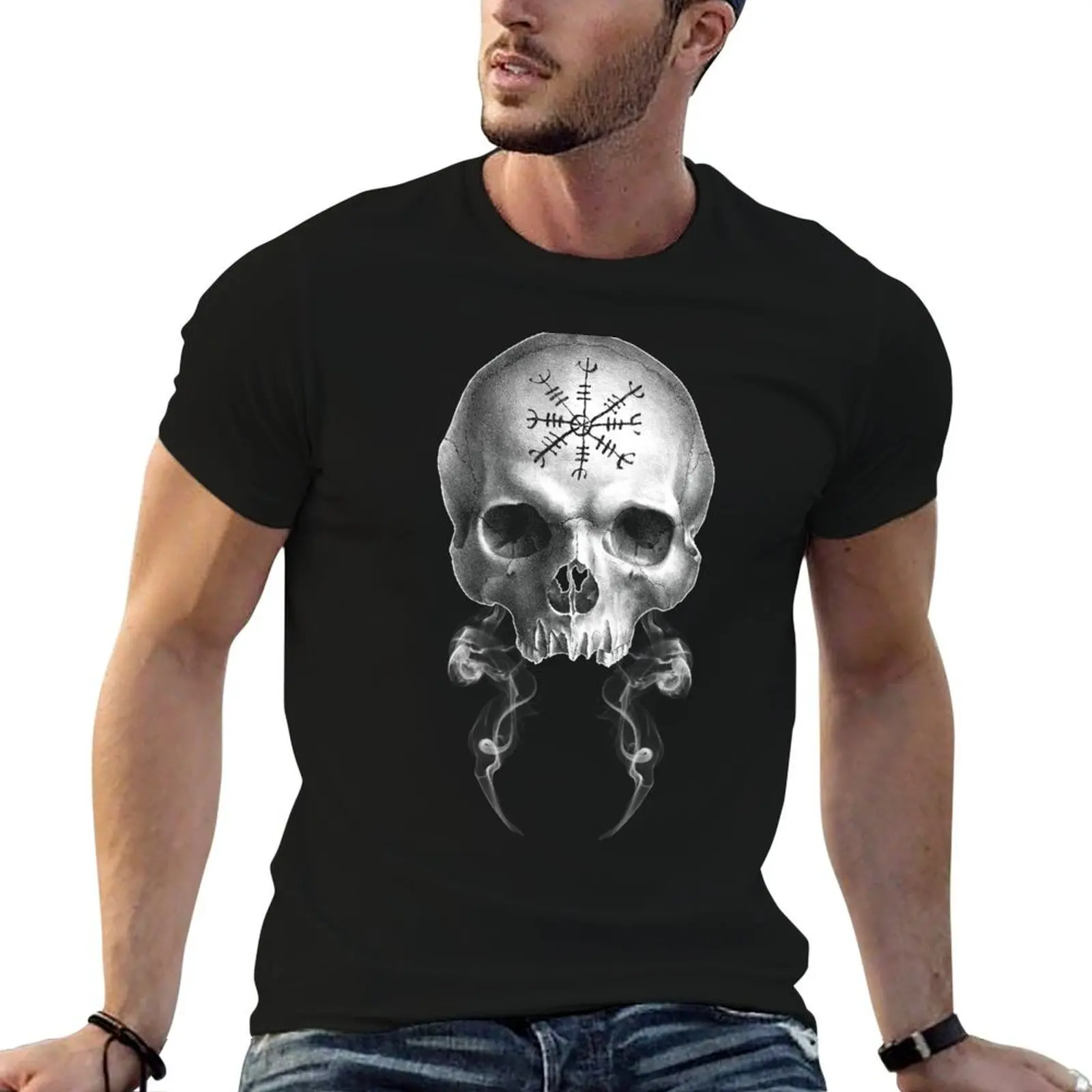 T-shirt avec crâne viking nordique et casque de la terreur et du fumée, t-shirts pour hommes, pack de t-shirts blancs pour hommes