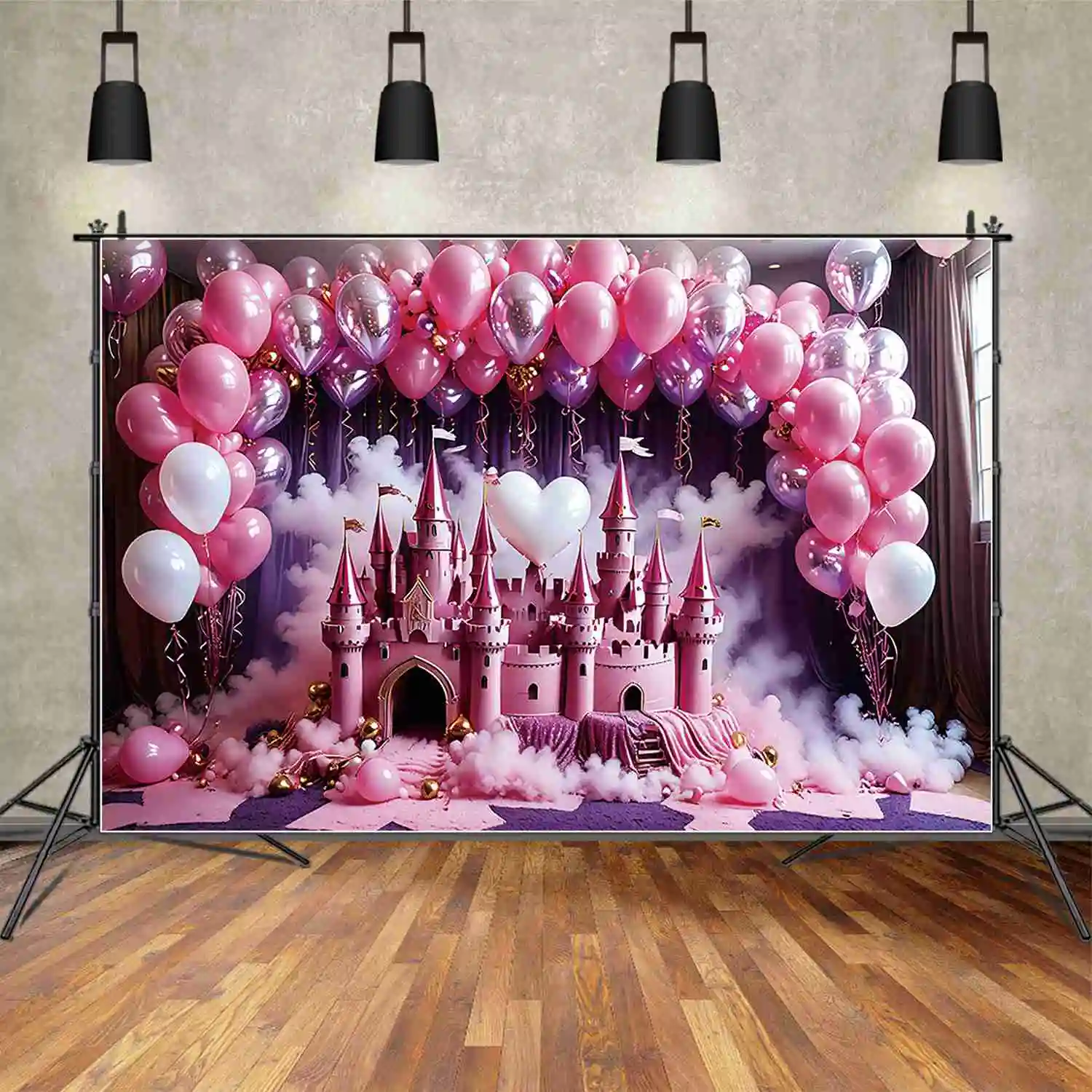 MOON.QG Girls Princess Castle Birthday Photozone Backdrop Balloon Flower Photo Wall Background Sign Child Party Photoshoot Props