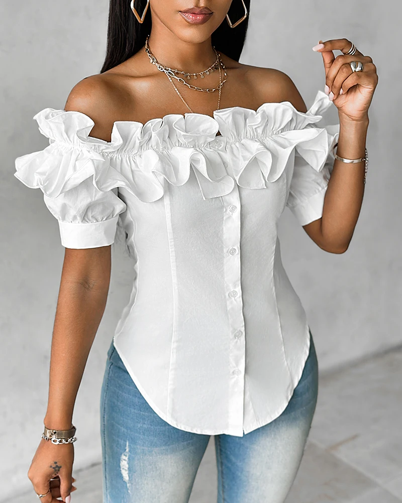 2024 Buttoned Ruffles Asymmetrical Hem Short Sleeve Blouse Women Top