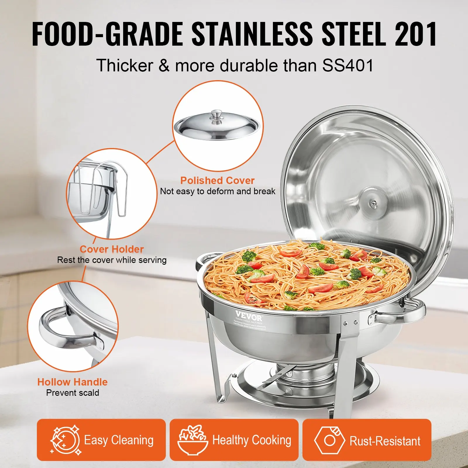 VEVOR 6QT 4Pack Round Chafing Dish Set Stainless Steel Buffet Chafer with Full Size Pan Glass Lid Fuel Holder Catering Warmer