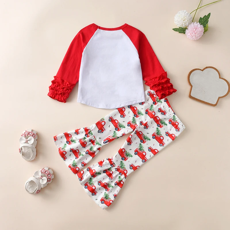 Girls Christmas Outfit Long Sleeve Reindeer Elf Print Tops Bell Bottom Pants Set Holiday Clothing for Toddlers