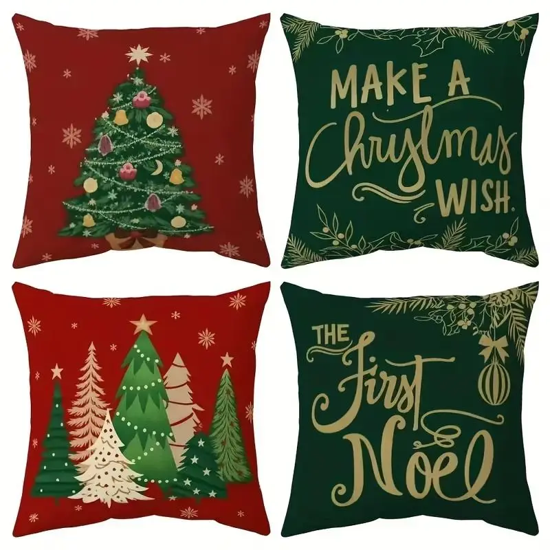 VIKAMA 4Pcs Christmas Pillow Covers Light Checkered Winter Themed Slogan Cushion Cases Sofa Holiday Home Decor No Insert