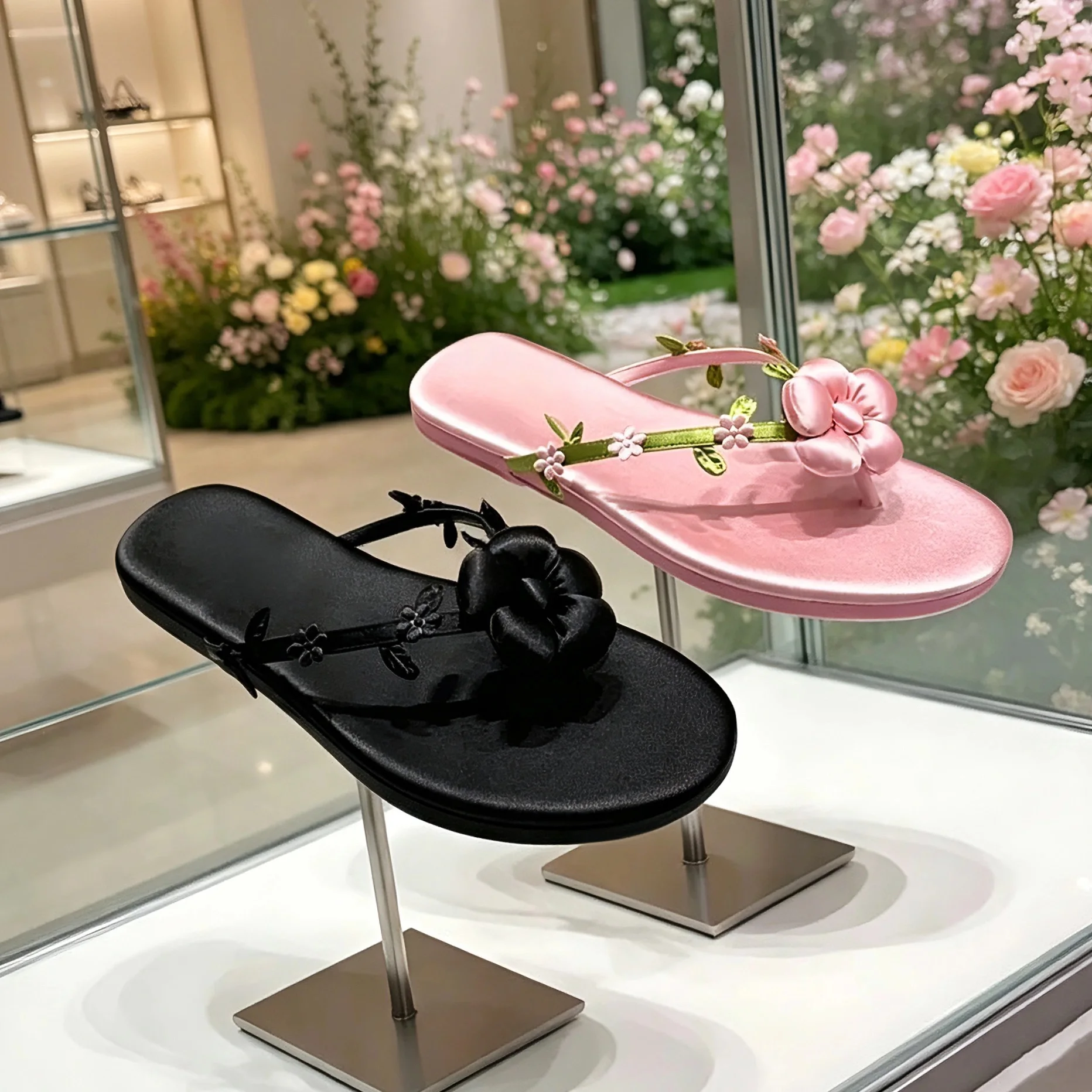 

Sweet 3D Flower Satin Flip Flops for Women Cute Floral Decor Flat Sandals, Comfy Summer Beach Slippers for Vacation
