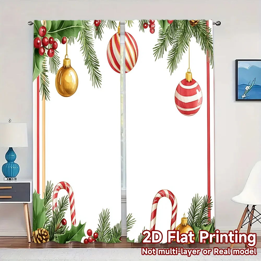2pcs,Curtains Christmas Baubles Holly Pine (2) Contemporary Popular Curtains Versatile Polyester Curtains Decorations Outdoor